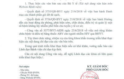 Công văn số 377/BVSN-KHTT v/v Triển khai các văn bản của Bộ Y Tế.